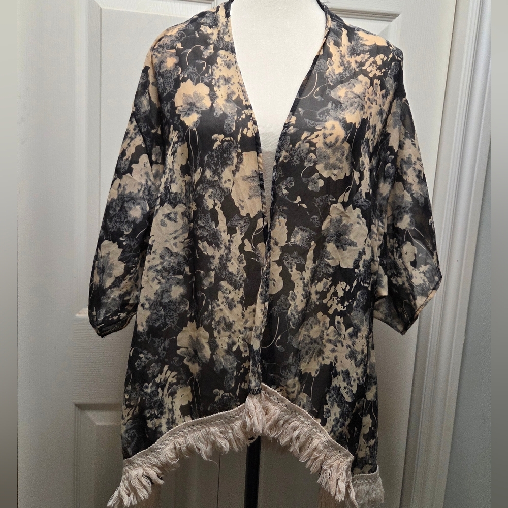 Semi Sheer Neutral Abstract Floral Fringe Kimono Throw Over Shawl - Picture 5 of 5